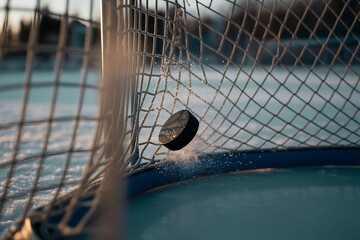 Hockey puck hitting net ice hockey goal net