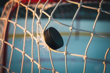 Hockey puck caught in net sport