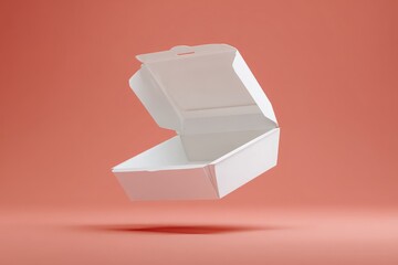 open white takeout box floating, food packaging mockups and restaurant branding graphics
