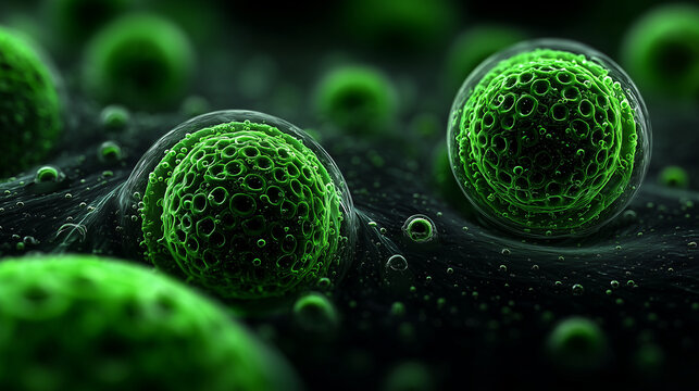 Close-up visualization of green plant cells under microscope  