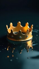 Golden crown floats on dark water, serene reflection , ornate, gold, riches