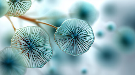 Scientific macro depiction of fungal spores forming in blue tones  
