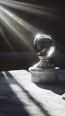 Crystal Ball on Marble Pedestal Bathed in Sunlight, Reflecting and Refracting Light Rays