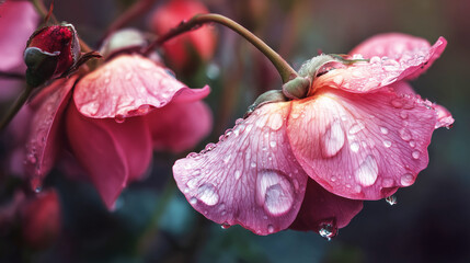 Macro shot of raindrops on soft rose petals in garden after summer rain, emotional floral realism, moisture and texture in natural light
