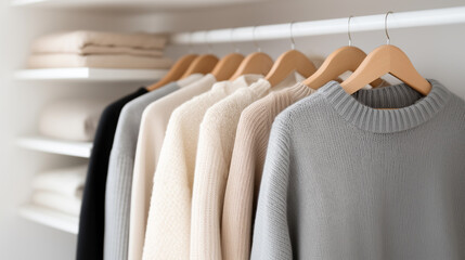 Cozy neutral sweaters hanging in organized minimalist closet wardrobe