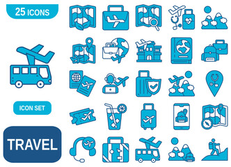 comprehensive set of 25  icons representing various aspects of travel and tourism. 