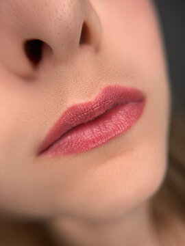Close-Up of Full Lips After PMU Lip Blush &mdash; Natural Pink Tint Look

