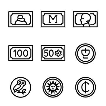 Hyperinflation Icon Set. Outline icon set of historical hyperinflation cases: Zimbabwe dollar note, Weimar Republic mark,