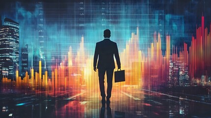 Businessman with briefcase walking up a bar chart representing career growth and strategy execution