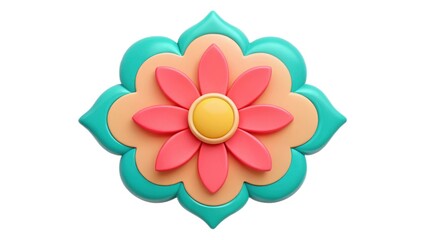 Colorful floral design with pink petals and a yellow center.