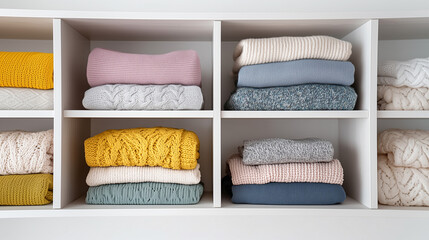 Organized closet shelving system with neatly folded colorful knitted sweaters for seasonal wardrobe storage