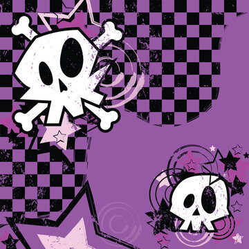 Skull purple banner on a checkered background. Crossbene skull with stars. Vector emo,punk background.