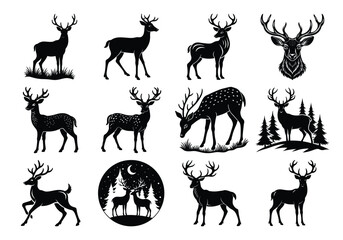 set of deer silhouettes, “Set of Deer Silhouettes Vector – Majestic Wildlife Stag Icons and Forest Scene Illustration”

