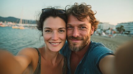 Smiling couple taking selfie on beach vacation, fun and connection, space for overlay text