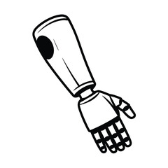 Stylized black and white illustration of a robotic arm with a mechanical hand