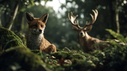 Fototapeta premium Misty green woodland wildlife scene featuring a fox and stag enchanted forest background peaceful nature view
