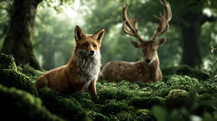 Misty green woodland scene with blurred wildlife enchanted forest background cinematic view of fox and stag