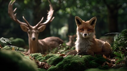 Obraz premium Misty green woodland fox and stag in enchanted forest silhouette peaceful nature background cinematic view