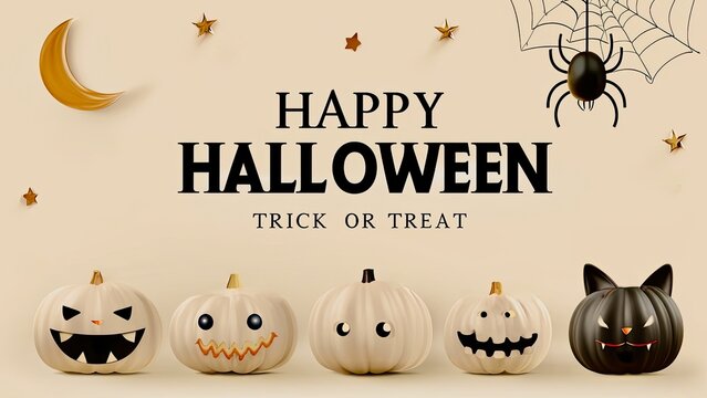 Halloween Illustration with Ghosts and Pumpkins