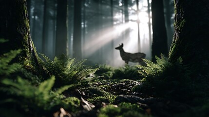 Magical woodland fox in a misty green forest cinematic wildlife scene peaceful nature background