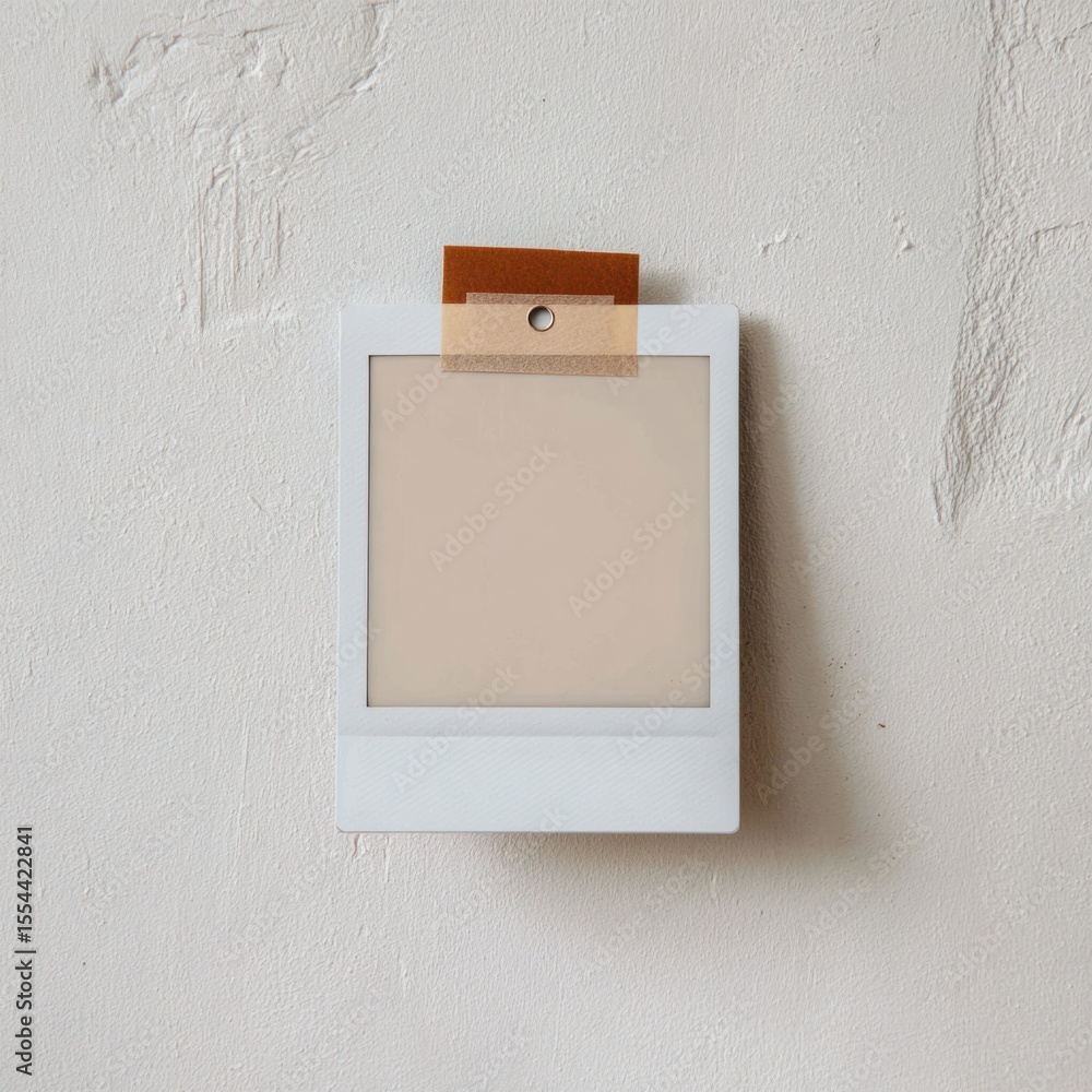 Poster a blank instant photo frame with a unique tape detail hangs on a textured off-white wall, ready for 
