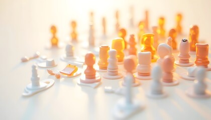 Chess pieces scattered on a bright surface