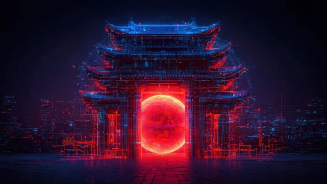 mid autumn festival concept. A futuristic digital Asian gate with neon blue and red lines, featuring a glowing orb at its center, set against a cityscape at night.