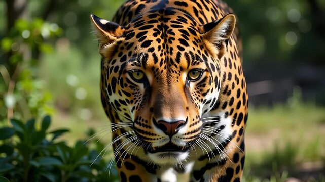Majestic jaguar stares intently showcasing bold rosette patterns and muscular jawline under soft sunlight in stunning 4k footage.