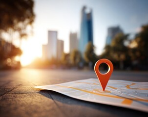 A bright orange location pin highlights a spot on a map, set against a blurry urban sunrise.