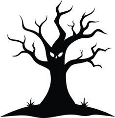 Halloween tree line art silhouette vector. Halloween tree sider hanging bats vector illustration. 
