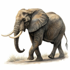Obraz premium African elephant standing isolated on white background with detailed texture, large tusks, and realistic posture, ideal for wildlife education