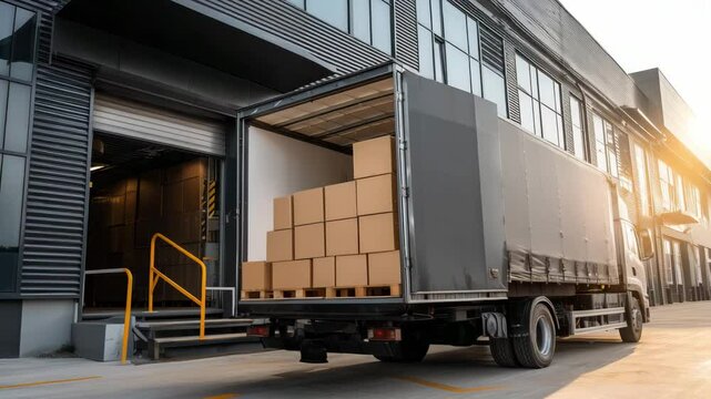 A delivery truck is parked at a warehouse loading dock, unloading multiple boxes in a busy urban area