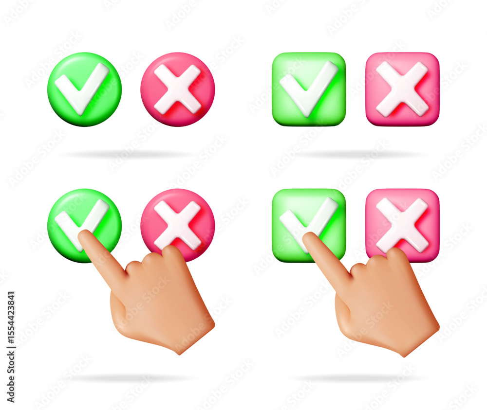 Poster a hand character presses a green check mark button and a red cross mark button. yes or no vote and a