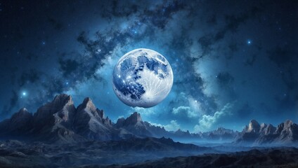 Fototapeta premium Blue Moon Rises Beneath Starry Veil
