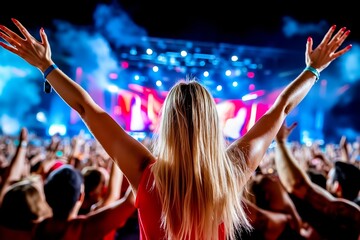 A woman with her arms outstretched in front of a crowd at a concert