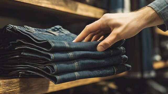 A customer shopping and taking a pair of denim jeans from a folded stack on a wooden shelf in a clothing store