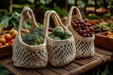 A family shopping sustainably with reusable bags, holding two baskets filled with a variety of fresh vegetables.