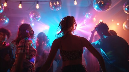 Teen group dancing at home party with disco lights, youthful energy, space for overlay