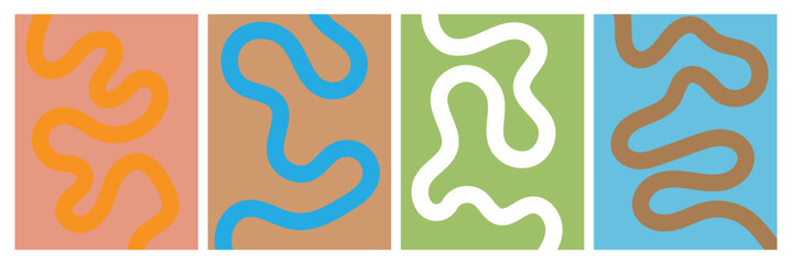 Set of color abstract banner with curvy line and motivational phrase. Background with scribble squiggle. Wave line art . Vector Illustration . 