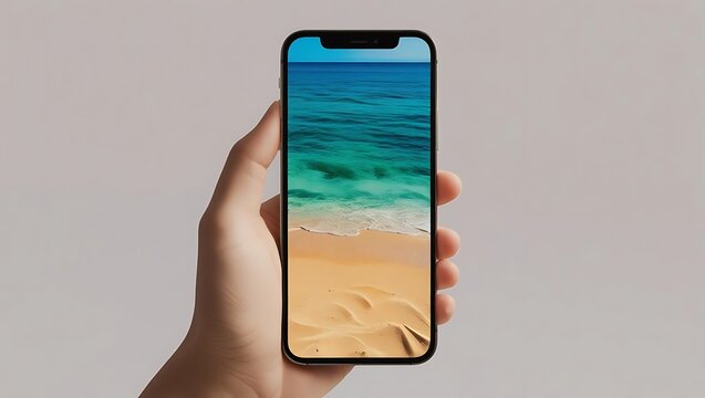 Hand Holding Smartphone Showing Sandy Beach & Turquoise Sea (Portrait)
