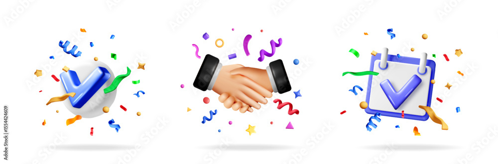 Aufkleber 3d render of a business handshake with colorful confetti, a check mark on a sphere, and a check on a