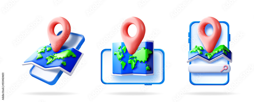 Aufkleber set of 3d map with red pin on mobile phone. online location trace. gps navigation service. travel an