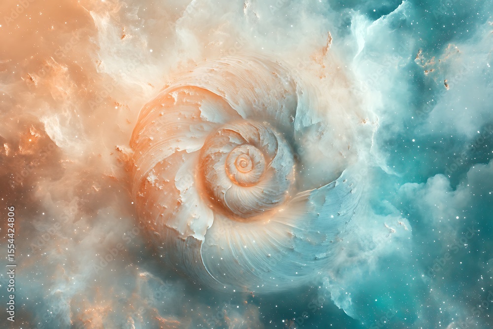 Poster • floating nebula shaped like a spiral shell in peach and teal