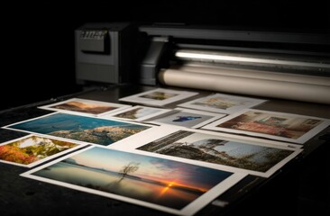 A collection of stunning photographic prints laid out, fresh from a professional wide-format printer.