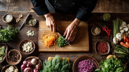 Top-down view of chef hands slicing vegetables, food prep and skill, space for campaign copy