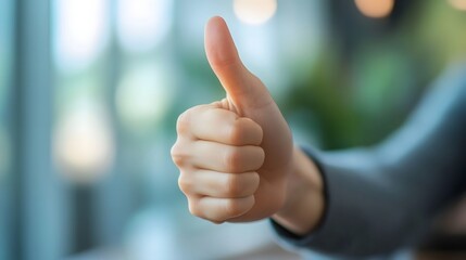 Thumbs up gesture in a blurred office setting