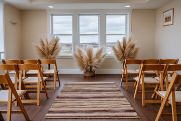 Modern interior design featuring elegant wooden chairs and lush pampas grass arrangements creating a serene atmosphere with natural light illuminating the cozy space