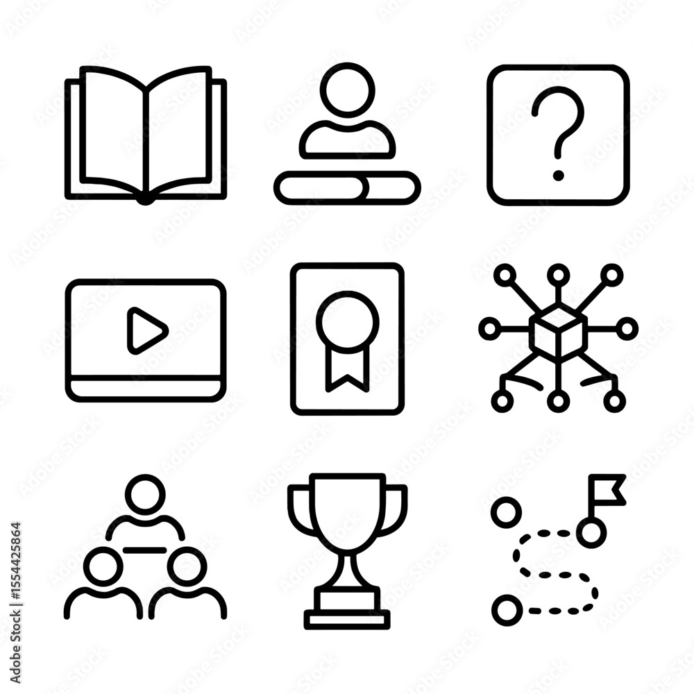 Poster learning platform icons. outline icon set of personalized learning platforms: open book icon, user p