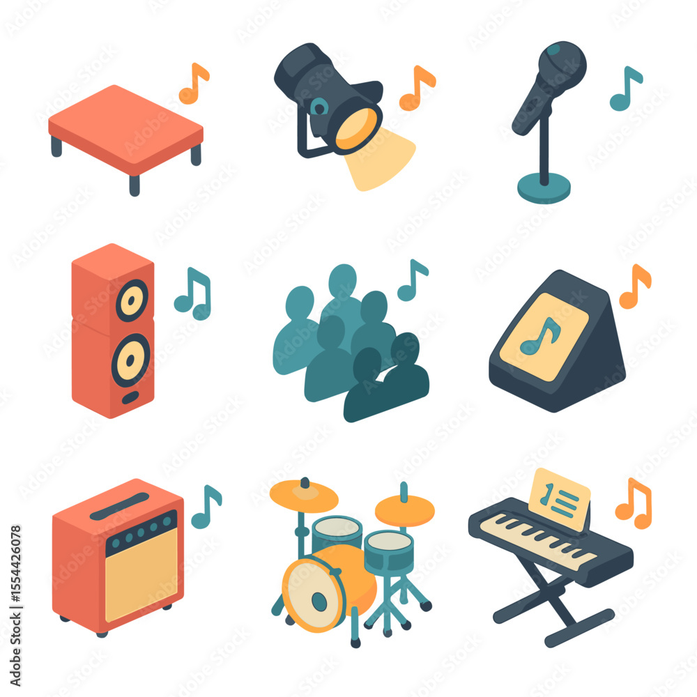 Poster live performance icon set. isometric flat icon set of live performance setup: stage platform with no