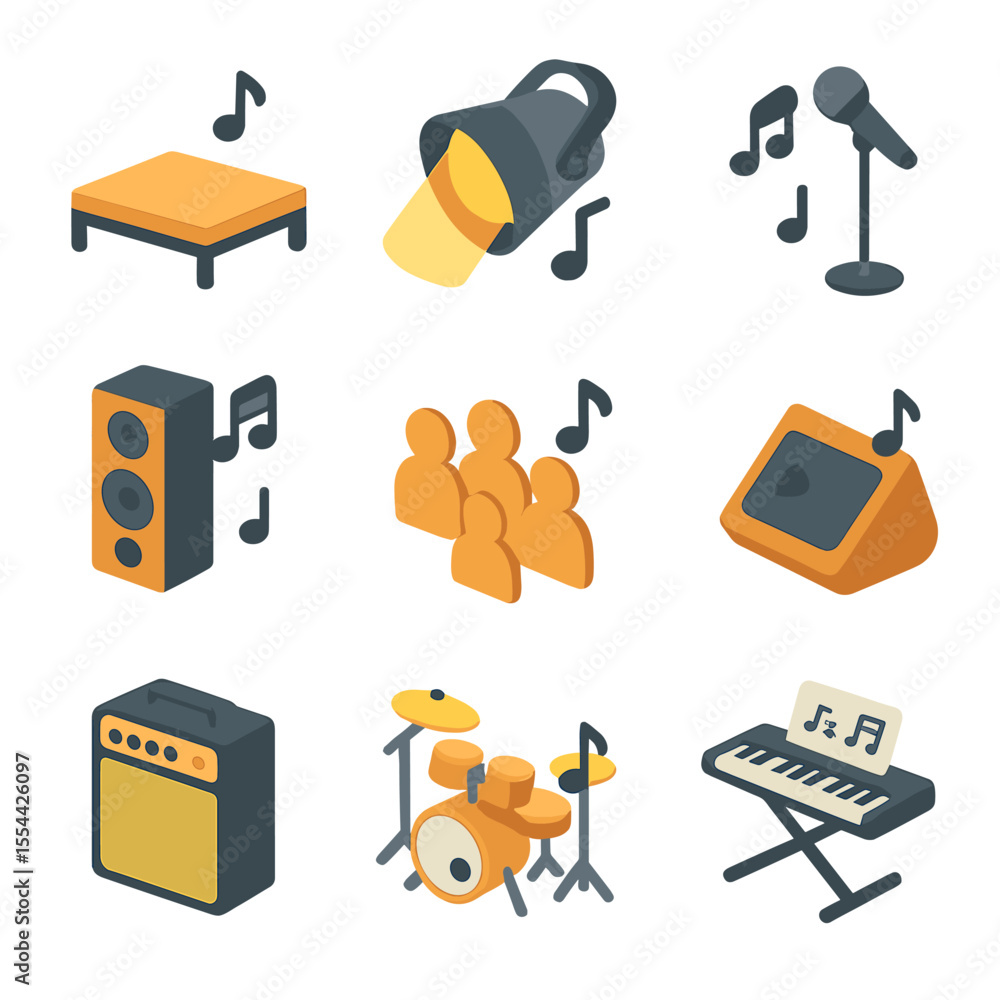 Poster live performance icon set. isometric flat icon set of live performance setup: stage platform with no